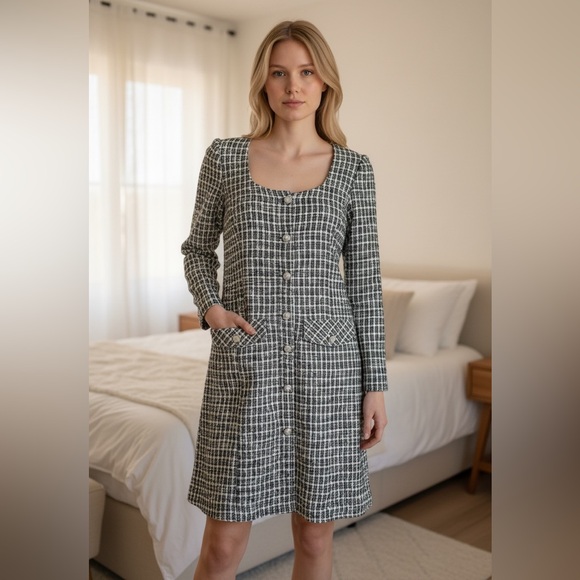 Taylor Dresses & Skirts - Taylor Black & White Tweed Long-Sleeve Button Front Dress
